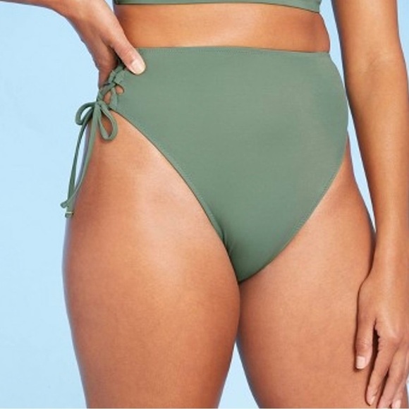 SHADE & SHORE Swimsuit Lace-Up Hight Waist 2 Piece Bikini Sage Green Size M/36C - Picture 9 of 16